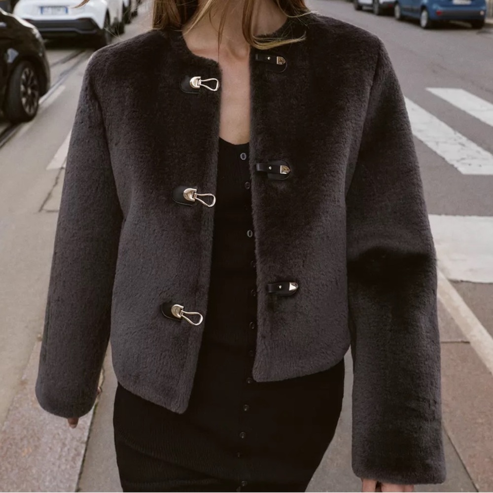 NWT ZARA | FAUX FUR JACKET WITH FIREMAN CLASP Brown Mocha Faux Fur Jacket